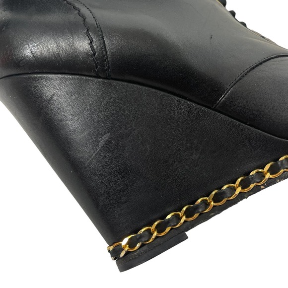 Chanel CC Logo Wedge Ankle Boots Gold Chain Black Size 39.5 - Picture 11 of 12
